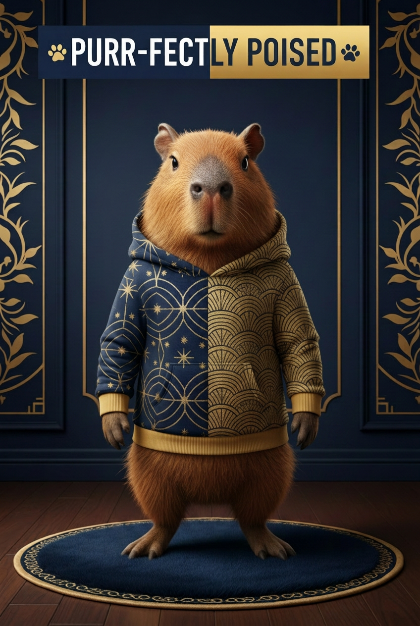 Capybara wearing a navy-and-gold hoodie