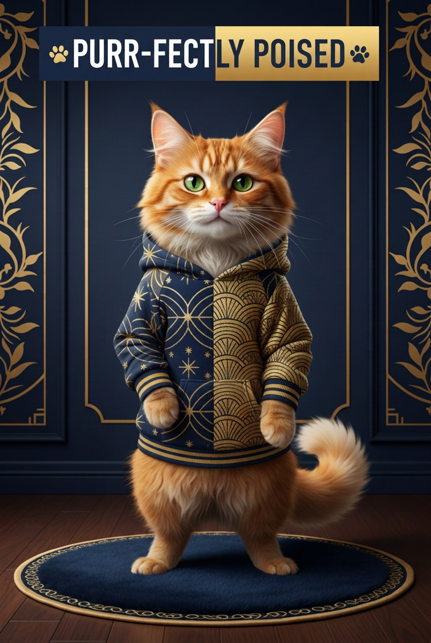 Ginger cat wearing a navy-and-gold hoodie