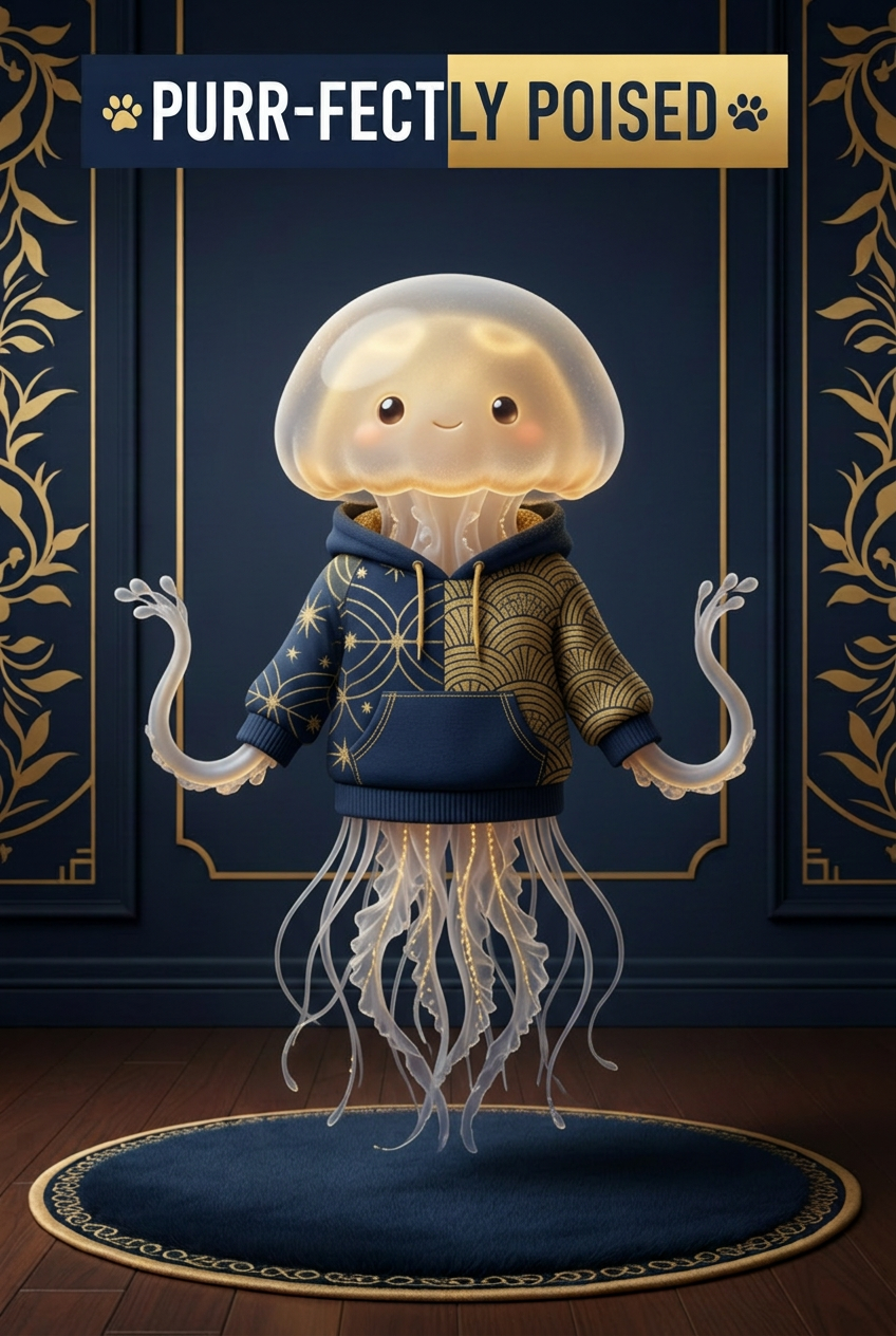 Jellyfish wearing a navy-and-gold hoodie