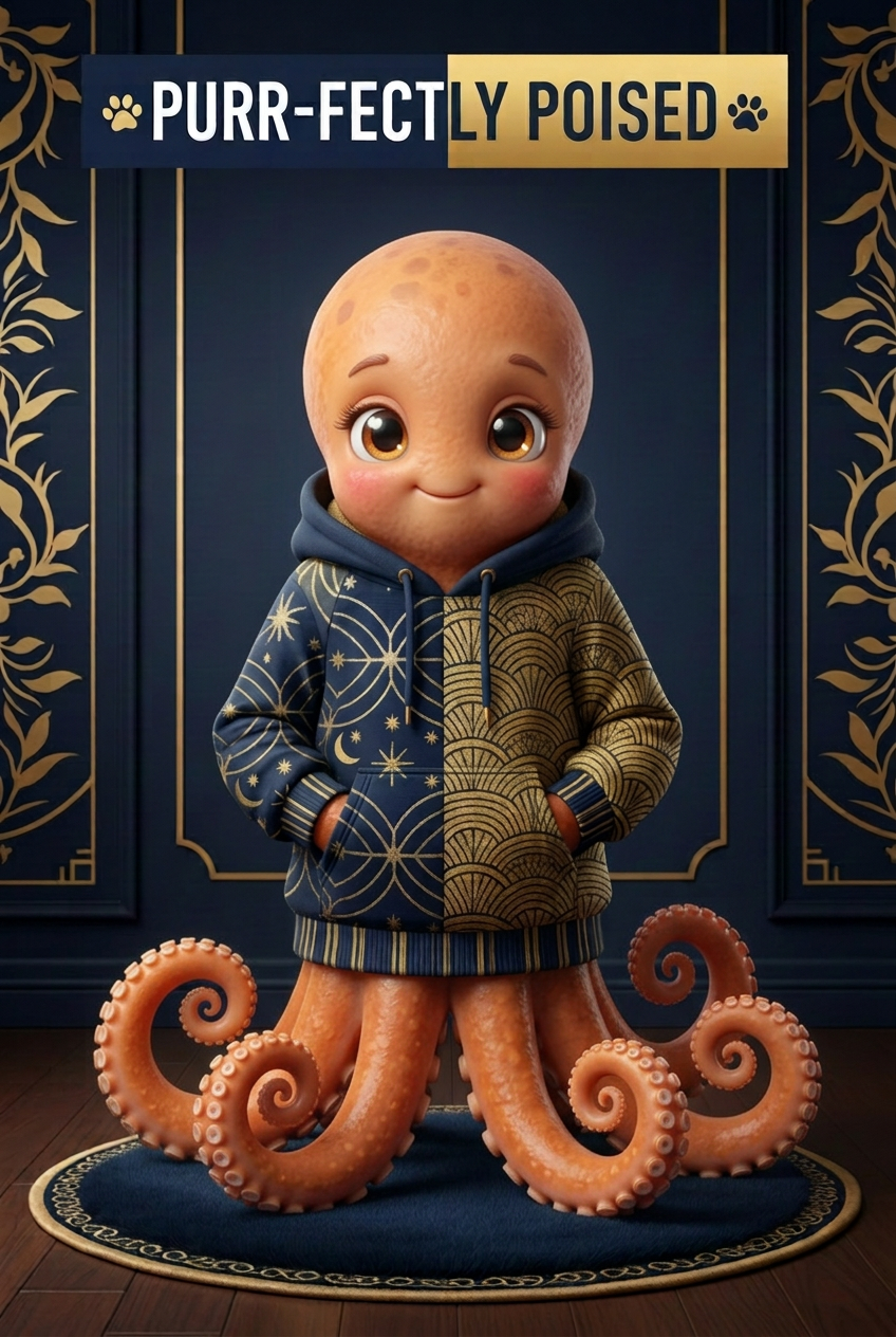 Cuter octopus with sparkling eyes wearing a navy-and-gold hoodie