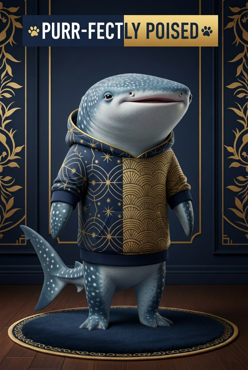 Whale shark wearing a navy-and-gold hoodie